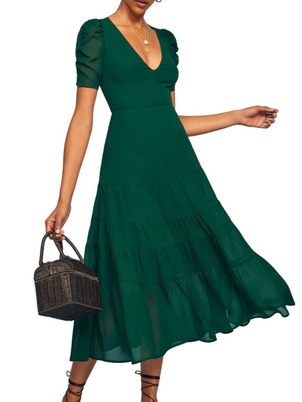Reformation Emerald Green COSA Ruched Sleeve Tiered Deep V-Neck Dress
